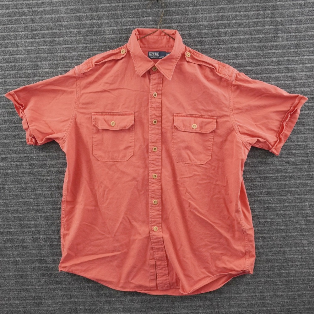 Vintage Polo Ralph Lauren Safari Button Down Shirt XL Coral Orange Pink Epaulets